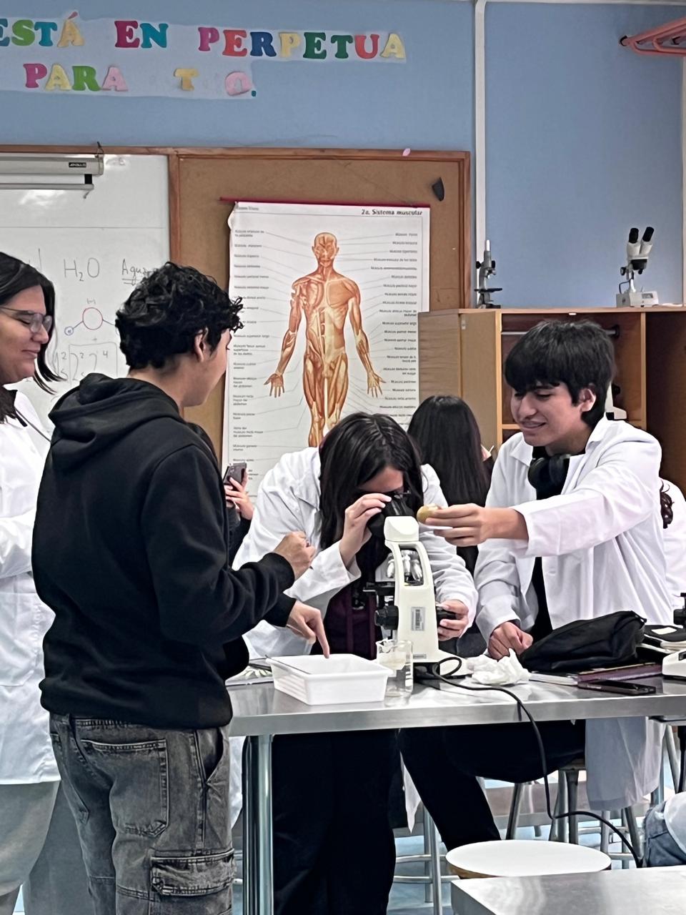 Estudiantes y docente trabajando en clase de laboratorio