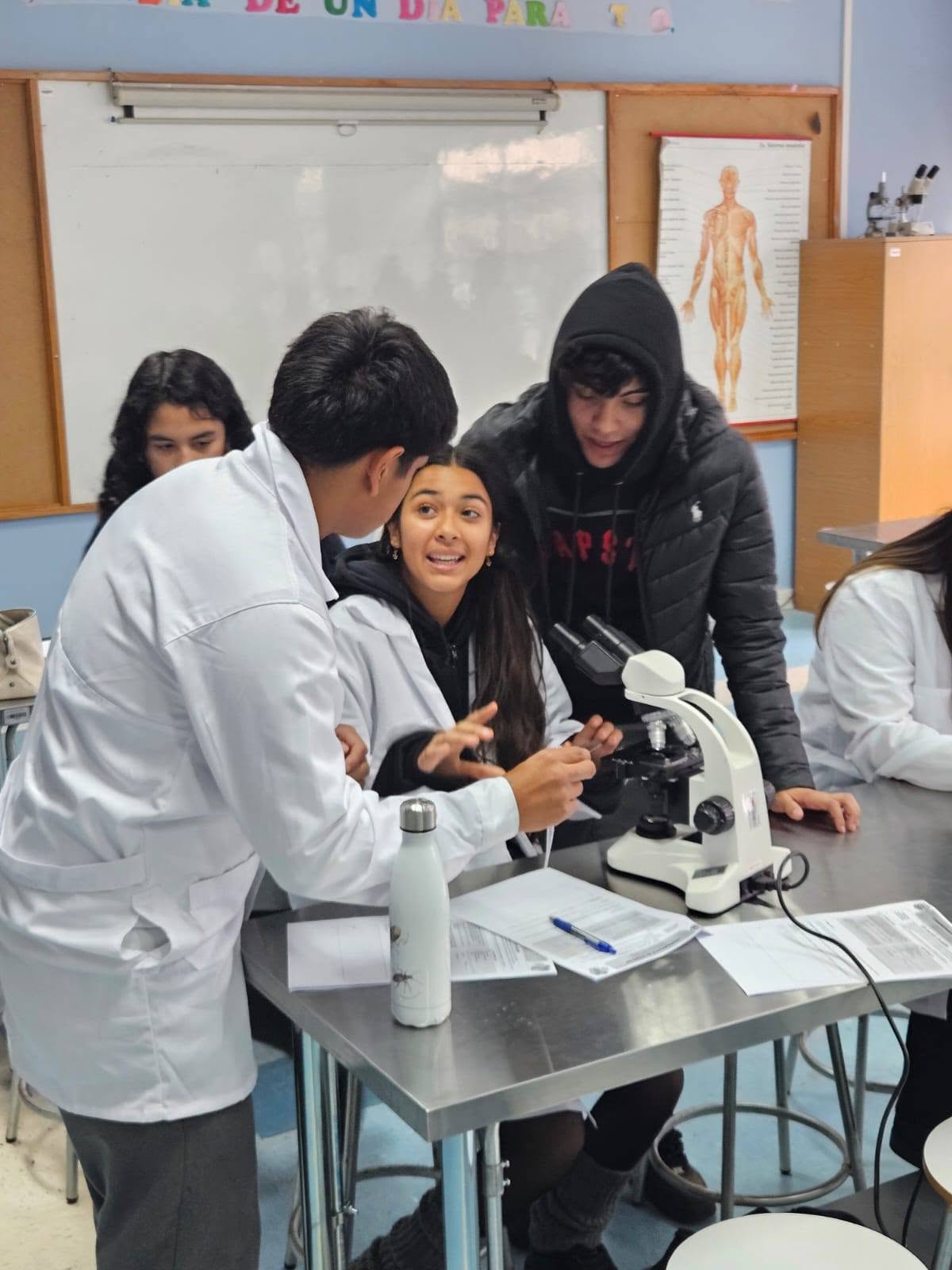 Estudiantes observando una muestra en microscopio durante el taller de ciencias