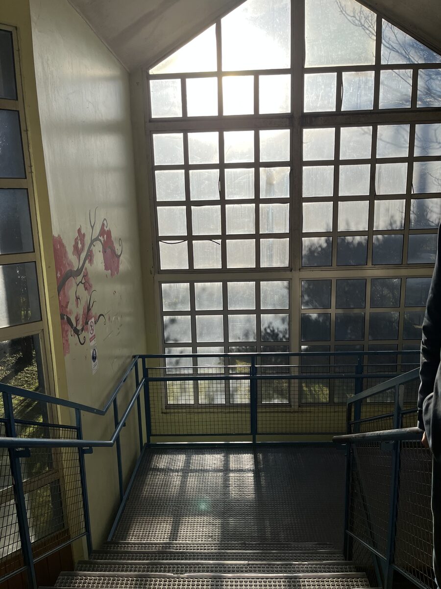 Escalera interior del liceo iluminada por un gran ventanal