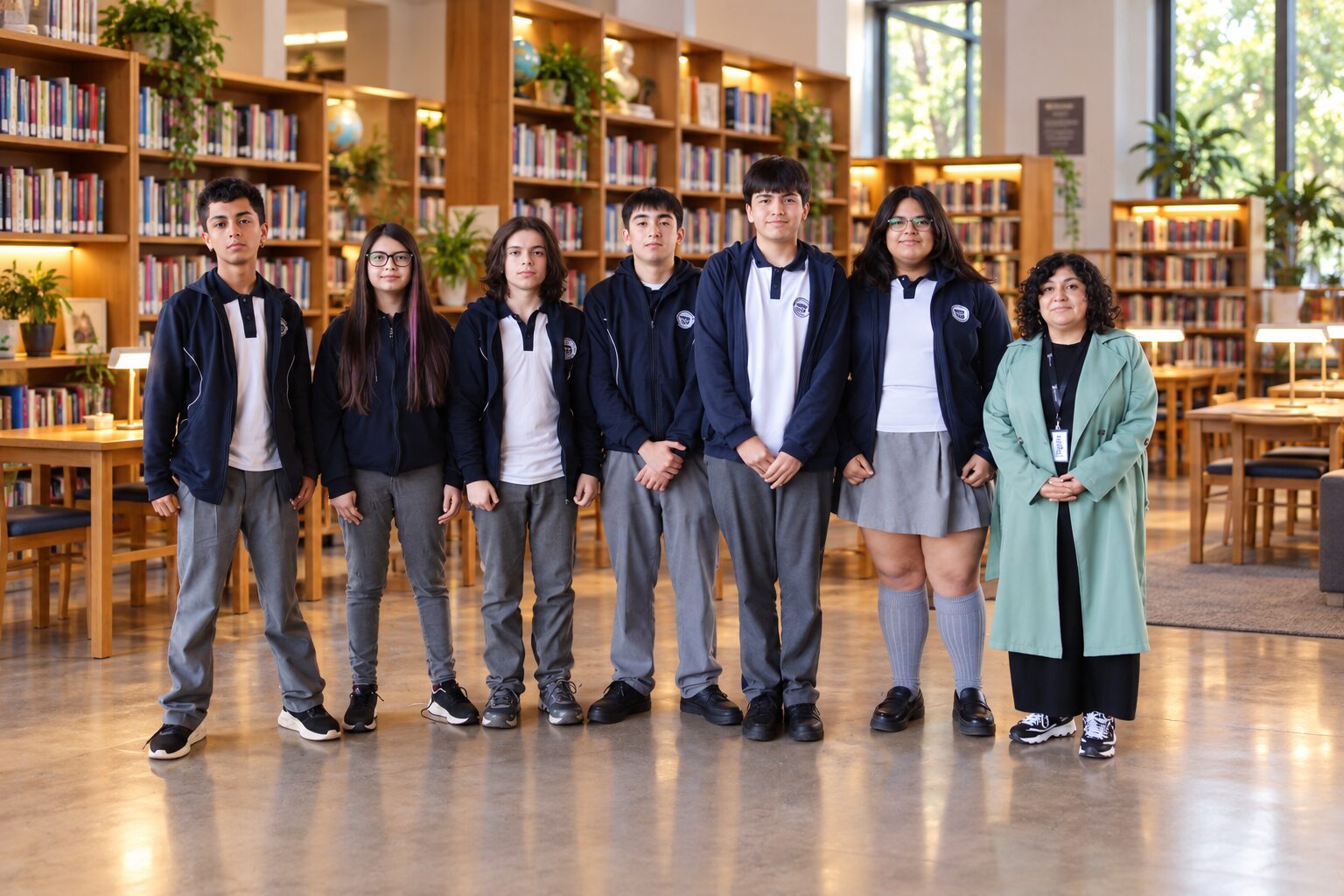 Estudiantes del taller de debate del liceo junto a una profesora, de pie en la biblioteca
